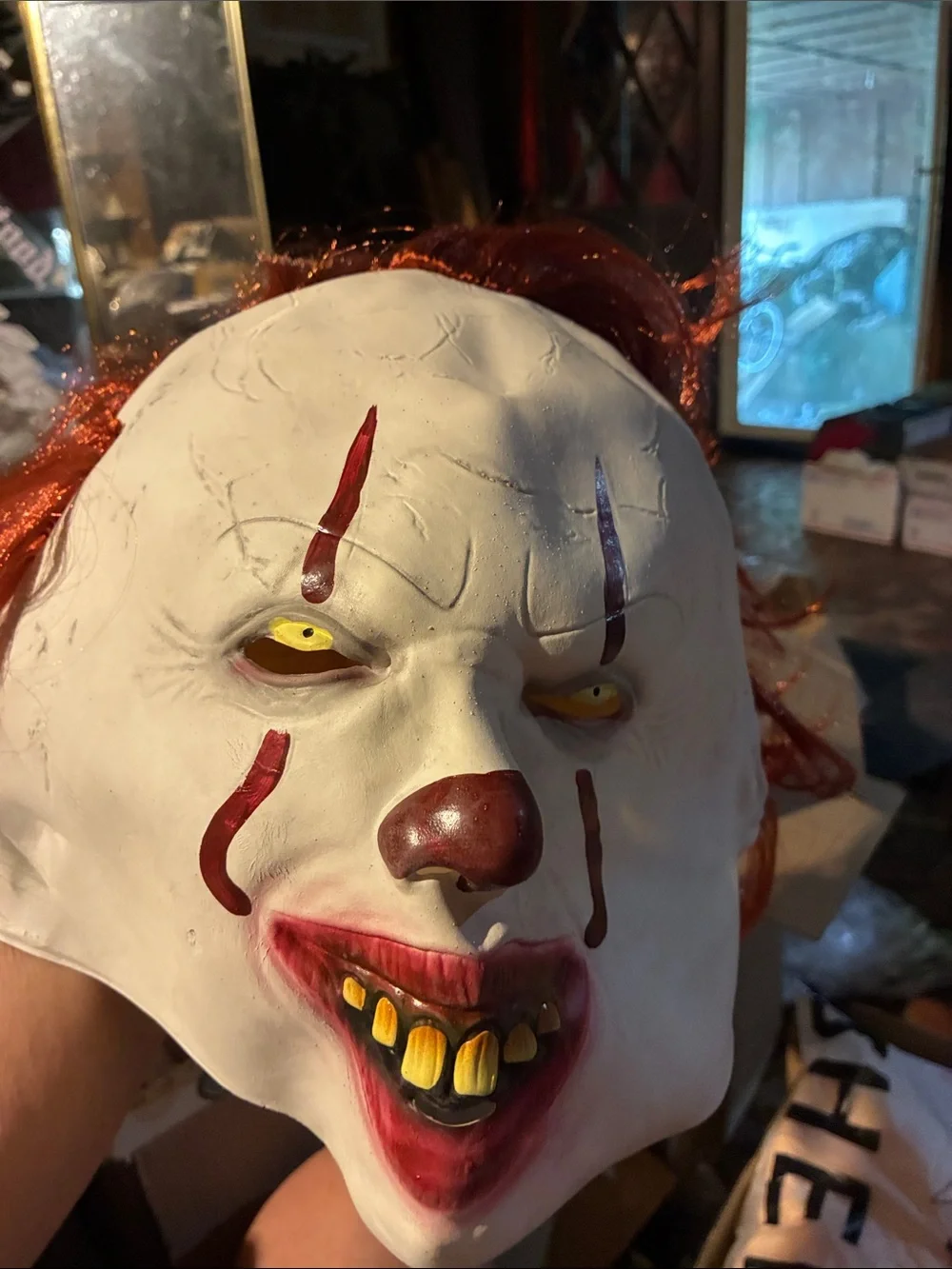 Horror Clown Mask with Red Hair and Yellow Teeth